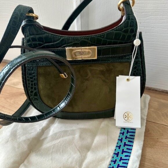 GIFT NEW TORY BURCH LEE RADZIWILL KELP GREEN CROSSBODY CROC LEATHER SUEDE $658 - Picture 8 of 16